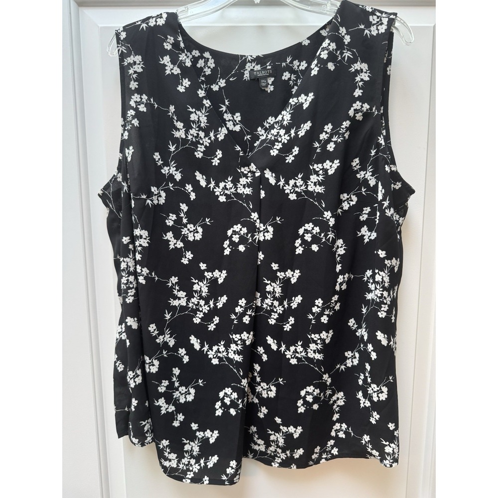 Talbots Sleeveless Blouse Women's Plus 2X Petite Black White Floral Pleated